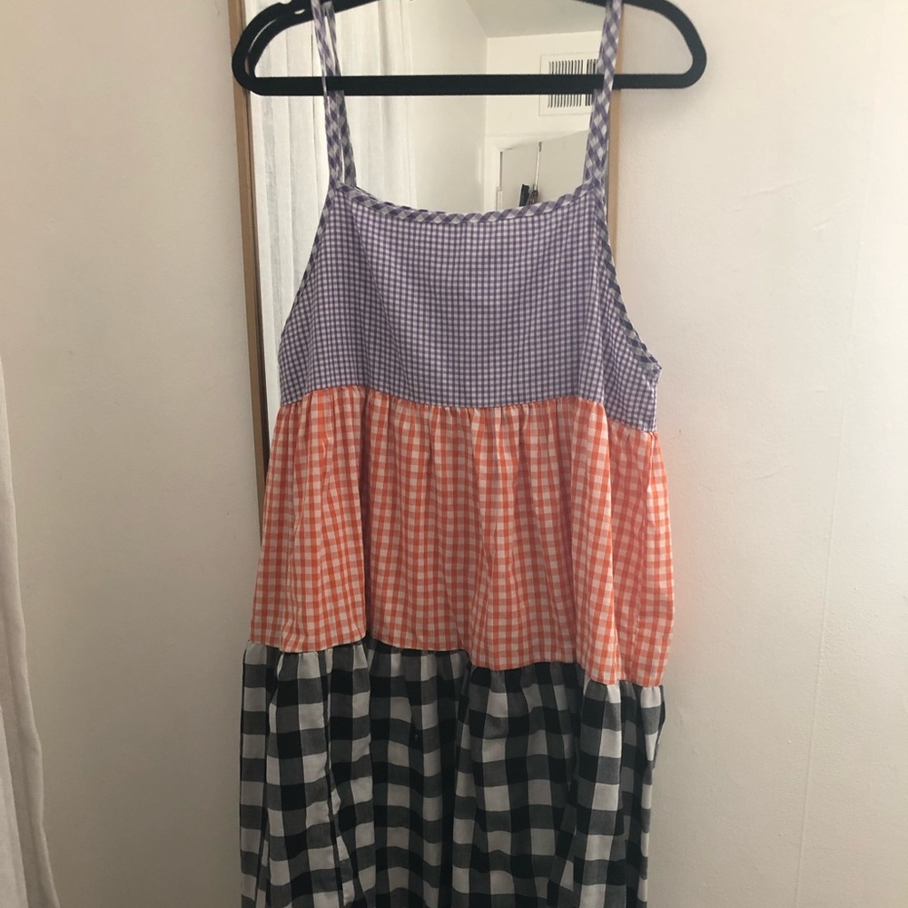 Urban Renewal Gingham Tiered Midi Dress in Purple, Orange, Black